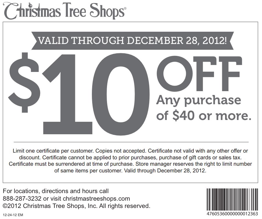 Christmas Tree Shops: $10 off $40 Printable Coupon