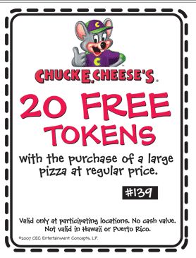 Chuck E Cheese: 20 Free Tokens Printable Coupon