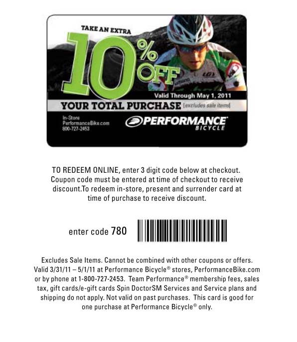 Performance Bicycle: 10% off Printable Coupon