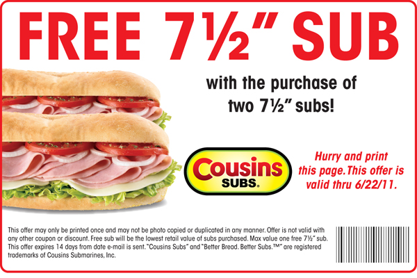 Cousins Subs Promo Coupon Codes and Printable Coupons