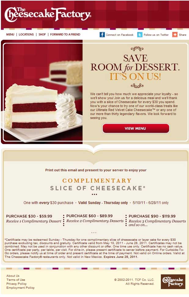 Cheesecake Factory: Free Dessert Printable Coupon