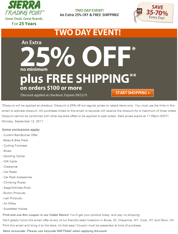 Sierra Trading Post: 25% off Printable Coupon